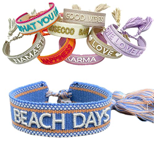 LS-LebenStil Exklusives Statement Armband Quasten besticktes Boho Canvas Webarmband (Beach Days Blau Weiß Orange) von LS-LebenStil