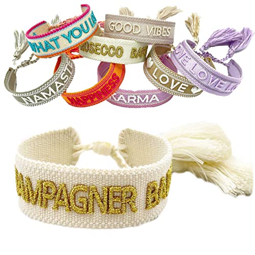 LS-LebenStil Exklusives Statement Armband - das Original - Champagner Baby Gold 16-20cm Quasten besticktes Boho Canvas Webarmband Damen Freundschaftsarmband Geschenk gewebt textil Stoffarmband von LS-LebenStil