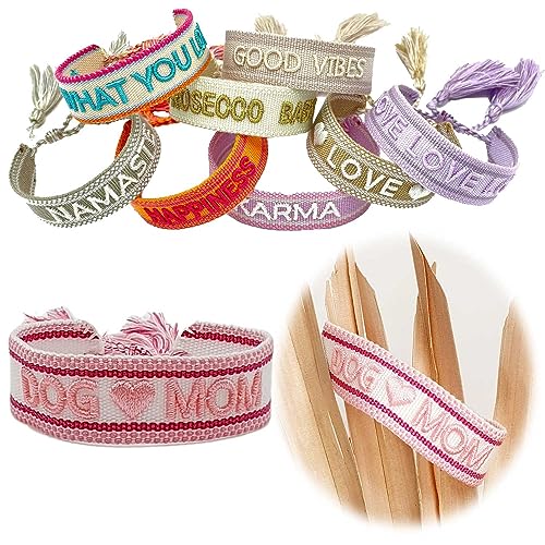 LS-LebenStil Exklusives Statement Armband - das Original - Dog Mom Pink Rosa 16-20cm Quasten besticktes Boho Canvas Webarmband Damen Freundschaftsarmband Geschenk gewebt textil Stoffarmband von LS-LebenStil