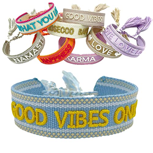 LS-LebenStil Exklusives Statement Armband Quasten besticktes Boho Canvas Webarmband (Good Vibes Blau Gelb) von LS-LebenStil