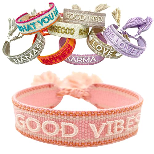 LS-LebenStil Exklusives Statement Armband Quasten besticktes Boho Canvas Webarmband (Good Vibes Rosa Weiß) von LS-LebenStil