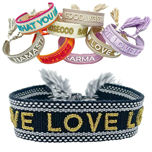 LS-LebenStil Exklusives Statement Armband - das Original - Love Blau-Schwarz Gold 16-20cm Quasten besticktes Boho Canvas Webarmband Damen Freundschaftsarmband Geschenk gewebt textil Stoffarmband von LS-LebenStil
