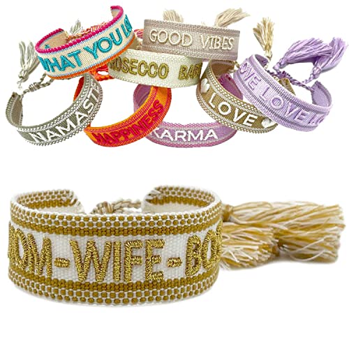 LS-LebenStil Exklusives Statement Armband Quasten besticktes Boho Canvas Webarmband (Mom Wife Boss/Creme Gold) von LS-LebenStil