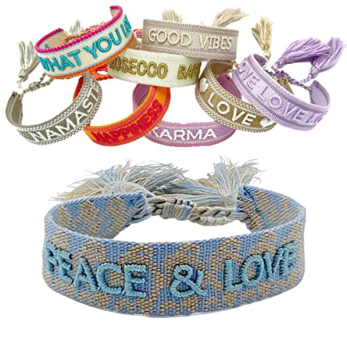 LS-LebenStil Exklusives Statement Armband - das Original - Peace Love Blau 16-20cm Quasten besticktes Boho Canvas Webarmband Damen Freundschaftsarmband Geschenk gewebt textil Stoffarmband von LS-LebenStil
