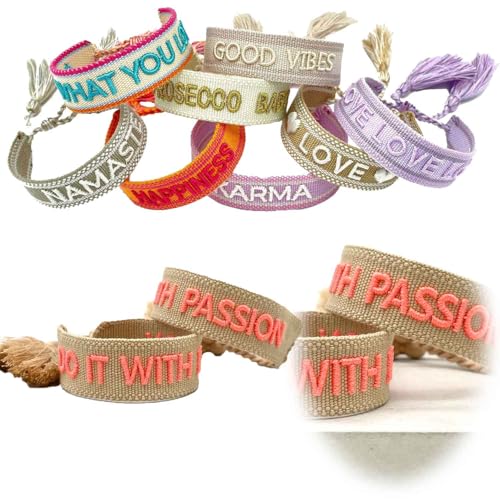 LS-LebenStil Exklusives Statement Armband Quasten besticktes Boho Canvas Webarmband (Do it with Passion Grau Neon) von LS-LebenStil
