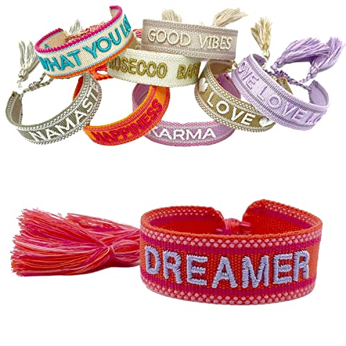 LS-LebenStil Exklusives Statement Armband Quasten besticktes Boho Canvas Webarmband (Dreamer Rot/Grau) von LS-LebenStil