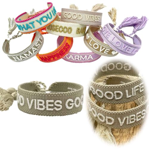 LS-LebenStil Exklusives Statement Armband - das Original - Good Vibes Good Life Beige Weiß Quasten besticktes Boho Canvas Webarmband Freundschaftsarmband Boho gewebt textiles Stoffarmband 16-20mm von LS-LebenStil