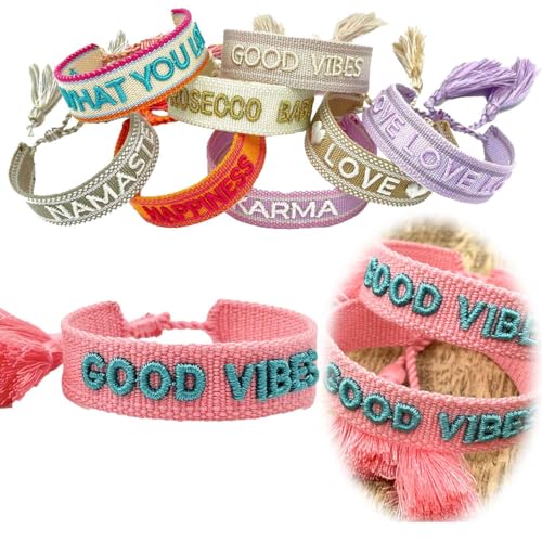 LS-LebenStil Exklusives Statement Armband Quasten besticktes Boho Canvas Webarmband (Good Vibes Rosa Pink Türkis - Small) von LS-LebenStil