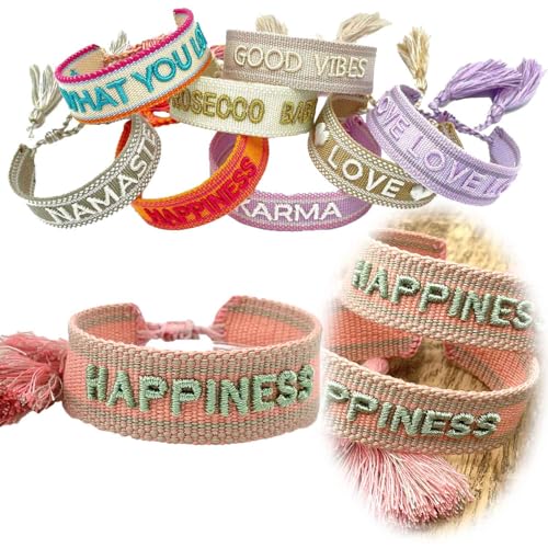 LS-LebenStil Exklusives Statement Armband - das Original - Happiness Lache Sage Grün 16-20cm Quasten besticktes Boho Canvas Webarmband Damen Freundschaftsarmband Geschenk gewebt textil Stoffarmband von LS-LebenStil