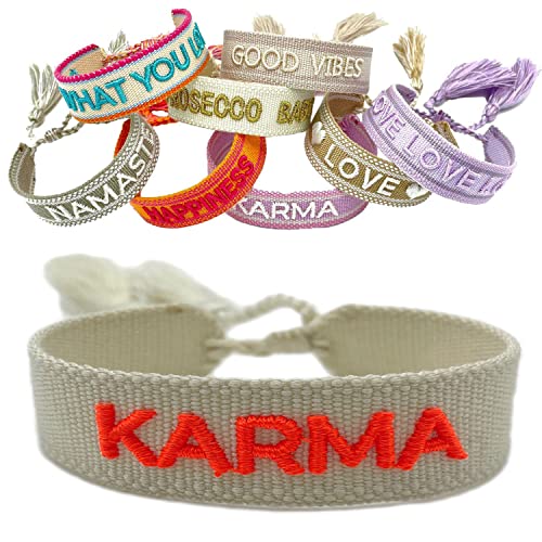 LS-LebenStil Exklusives Statement Armband - das Original - Karma Creme Neon 16-20cm Quasten besticktes Boho Canvas Webarmband Damen Freundschaftsarmband Geschenk gewebt textil Stoffarmband von LS-LebenStil