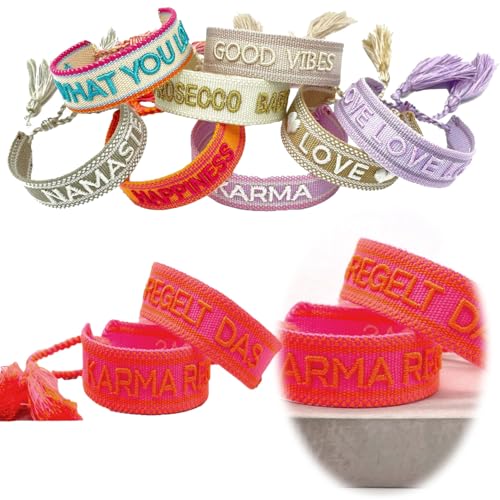 LS-LebenStil Exklusives Statement Armband - das Original - Karma Neon Pink Orange 16-20cm Quasten besticktes Boho Canvas Webarmband Damen Freundschaftsarmband Geschenk gewebt textil Stoffarmband von LS-LebenStil
