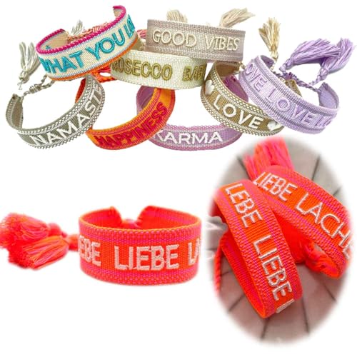 LS-LebenStil Exklusives Statement Armband - das Original - Lebe Liebe Lache Neon Orange 16-20cm Quasten besticktes Boho Canvas Webarmband Damen Freundschaftsarmband Geschenk gewebt textil Stoffarmband von LS-LebenStil
