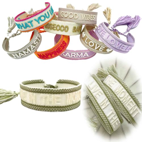 LS-LebenStil Exklusives Statement Armband Quasten besticktes Boho Canvas Webarmband (Live in The Moment Weiß Grün) von LS-LebenStil
