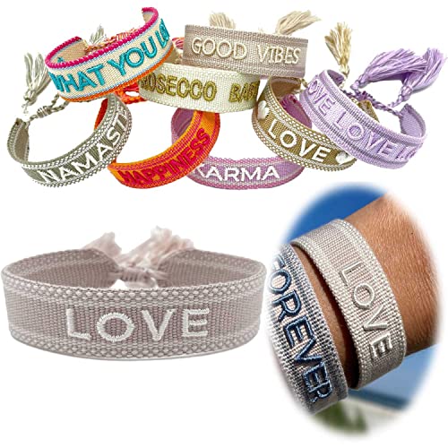 LS-LebenStil Exklusives Statement Armband Quasten besticktes Boho Canvas Webarmband (Love Creme Beige) von LS-LebenStil