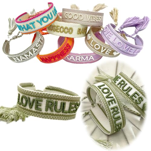 LS-LebenStil Exklusives Statement Armband - das Original Love Rules Weiß Grün 16-20cm Quasten besticktes Boho Canvas Webarmband Damen Freundschaftsarmband Geschenk gewebt textil Stoffarmband von LS-LebenStil