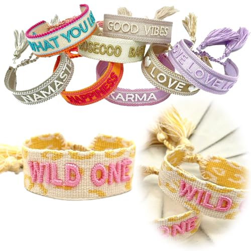 LS-LebenStil Exklusives Statement Armband Quasten besticktes Boho Canvas Webarmband (Wild One Gelb Rose Pink) von LS-LebenStil