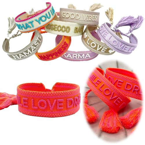 LS-LebenStil Exklusives Statement Armband - das Original - Smile Love Dream Neon 16-20cm Quasten besticktes Boho Canvas Webarmband Damen Freundschaftsarmband Geschenk gewebt textil Stoffarmband von LS-LebenStil