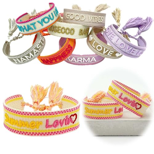 LS-LebenStil Exklusives Statement Armband Quasten besticktes Boho Canvas Webarmband (Summer Lovin Gelb Pink) von LS-LebenStil