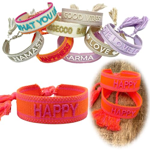 LS-LebenStil Exklusives Statement Armband - das Original - Happy Neon Orange Pink 16-20cm Quasten besticktes Boho Canvas Webarmband Damen Freundschaftsarmband Geschenk gewebt textil Stoffarmband von LS-LebenStil