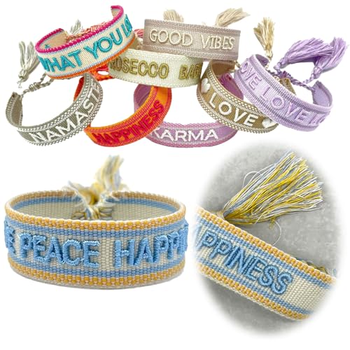LS-LebenStil Exklusives Statement Armband - das Original - Love Peace Happiness Sand 16-20cm Quasten besticktes Boho Canvas Webarmband Damen Freundschaftsarmband Geschenk gewebt textil Stoffarmband von LS-LebenStil