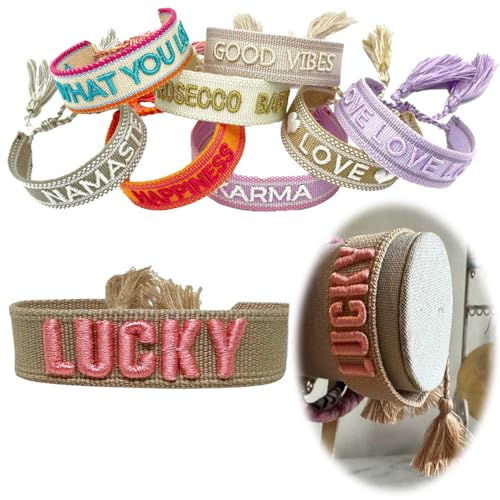 LS-LebenStil Exklusives Statement Armband - das Original - Lucky Beige Rosa 16-20cm Quasten besticktes Boho Canvas Webarmband Damen Freundschaftsarmband Geschenk gewebt textil Stoffarmband von LS-LebenStil