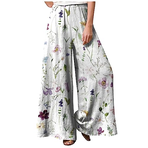 Caprihose Damen Sommer Elegant Sommerhose Mit Blumen Leinenhose Hohe Taille Stoffhose Casual Einfarbig Weite Stoffhose Baumwolle Leinen Sporthose Große Größe Sporthose Frauen,Purple,L von LSAltd