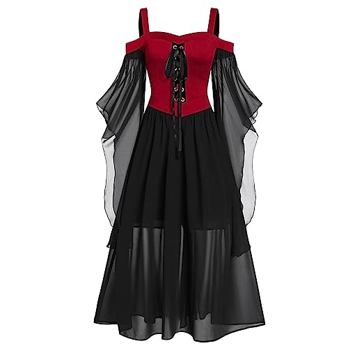 Gothic Halloween Kleid Kostüm Damen, Übergröße Mittelalter Kleidung Renaissance Cosplay Party Ballkleid Festlich Steampunk Kleid Karneval Party Abendkleider Dress Leicht Und Luftig,2-Vermilion,5XL von LSAltd