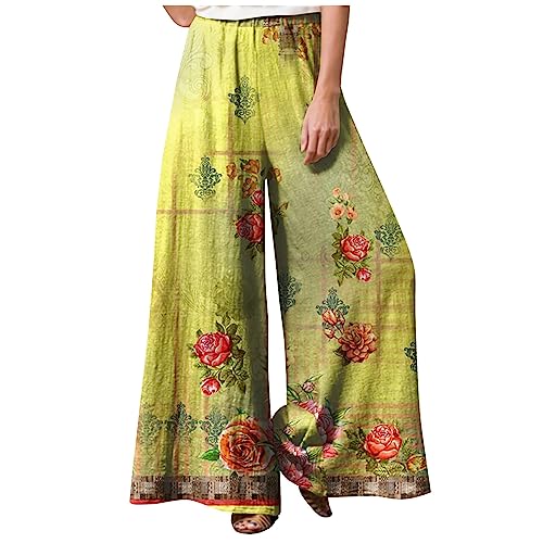 Jogginghose Damen Sommer Einfarbig Lose Sommerhose Mit Blumen Leinenhose Hohe Taille Stoffhose Casual Einfarbig Leinenhose Baumwolle Leinen Strandhose Große Größe Sporthose Frauen,Yellow,M von LSAltd