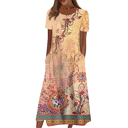 Kleid Damen Elegant Sommer-Freizeitkleid Festliches Kleid Boho Longbluse Lang Leinenkleid Für Hochzeit (1-Yellow, S) von LSAltd