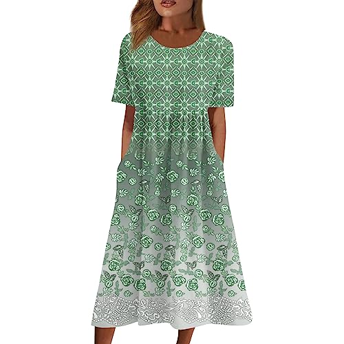 Kleid Damen Kleider Damen Tunika Damen Sommer Damen Kleider Elegant Festlich Cocktailkleid Knielang Elegant Kleid Damen Kleid Leichte Freizeitkleid Mit Taschen（6-Green,XL） von LSAltd