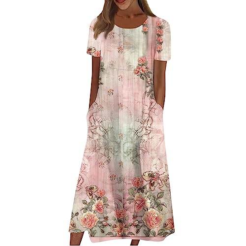 LSAltd Sommerkleid Damen Lange Abendkleider Rundhals Kleid Schwarz Lose Tunika Freizeitkleid Cocktailkleid（1-Cyan,3XL） von LSAltd