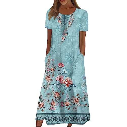 LSAltd Sommerkleid Damen Minikleid Elegante Kleider Damen Tunika Damen Sommer Boho Kleid Damen Frühlingskleid Damen Kleider Ab 50 Jahre Glitzer Kleid Blumenmuster Freizeitkleider（1-Light Blue,S） von LSAltd