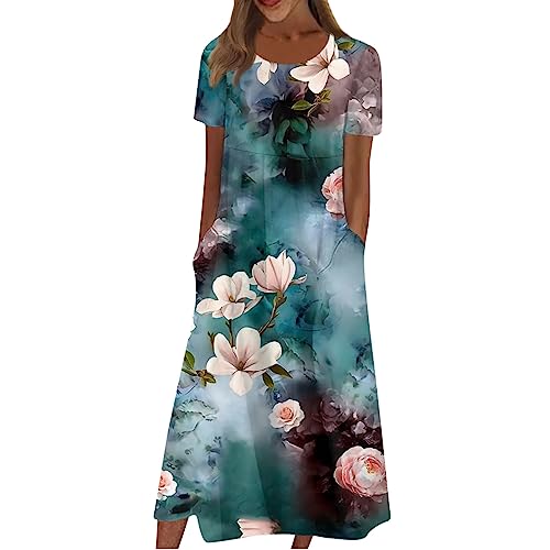 LSAltd Sommerkleid Damen Rockabilly Freizeitkleid Festliche Kleider Weißes Kleid Damenkleider Festlich Lang Für Rundhals Frühlingskleid Damen Paillettenkleid Kleider Damen Sommer（3-Dark Green,3XL） von LSAltd
