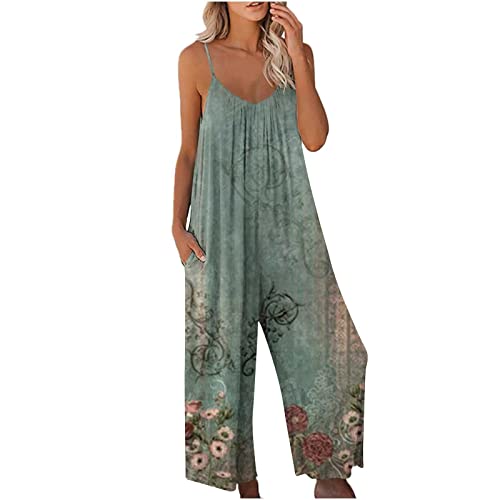 LSAltd Trainingshose Damen Sexy Träger Mit Blumen Rückenfrei Taschen V Ausschnitt Elegant Sommer Overall Y2k Clothes Casual Lose Drucken Playsuit Weit Einfarbig Romper,Mint Green,L von LSAltd