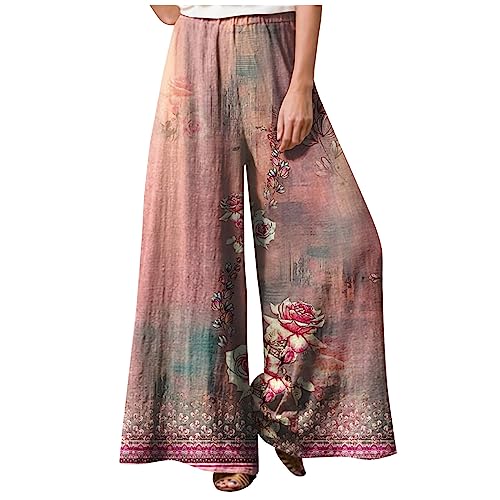 Latzhose Damen Elegant Sommerhose Blumenmuster Leinenhose Hohe Taille Schlabberhose Casual Einfarbig Freizeithose Baumwolle Leinen Sporthose Sommerh Sporthose Frauen,Pink,L von LSAltd