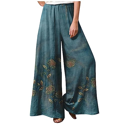 Regenhose Damen Lange Jogginghose Blumenmuster Leinenhose Hohe Taille Stoffhose Casual Einfarbig Freizeithose Baumwolle Leinen Palazzo Hosen Sommerh Sporthose Frauen,Blue,XXL von LSAltd