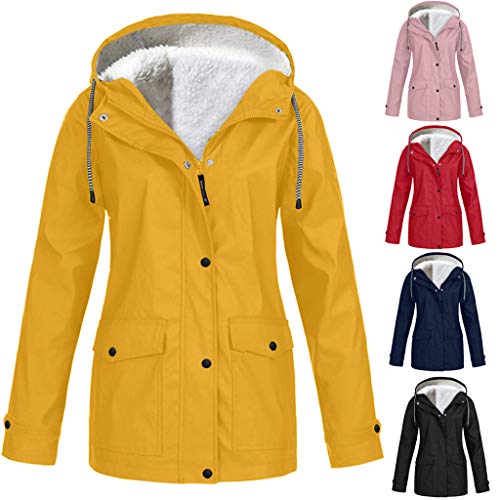 Regenjacke Damen Teddyfell Gefüttert Softshelljacke mit Kapuze Trenchcoat Leicht Winterjacke Wasserdicht Wintermantel Regenmantel Leichte Windbreaker Outdoorjacke Fleecejacke Fahrradjacke Große Größen von LSAltd
