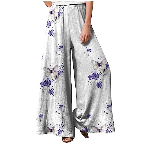 Sommerhose Damen Leicht 3/4 Loose Fit Weite Hose Mit Blumen Fahrradhose Hohe Taille Stoffhose Casual Einfarbig Leinenhose Baumwolle Leinen Freizeithose Frauen Sporthose Frauen,Dark Purple,M von LSAltd