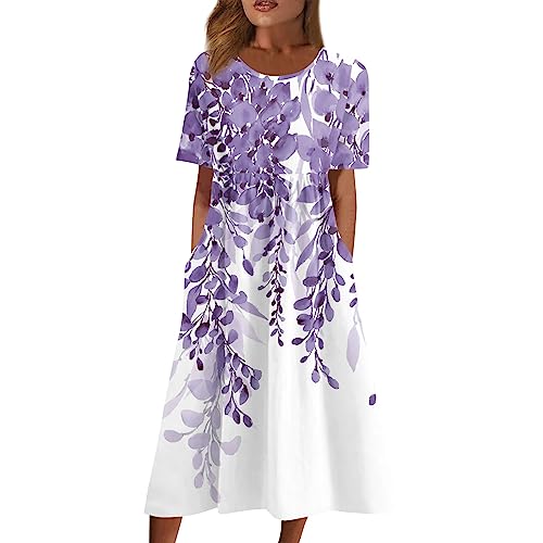 Sommerkleid Damen Leicht Ärmellos Blumen Leinenkleid Elegant Lang Abendkleid Hochzeitsgast Weiß (5-Purple, XL) von LSAltd