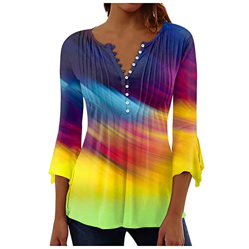 LSAltd T-Shirt Damen Weiß Polovers Damenbluse Glitzer Spitzenshirt Longshirt Damenkostüm Pfau Trägertop Lang Sommerblusen Leicht Top Bright Rainbow Tshirt, 2-Gelb von LSAltd