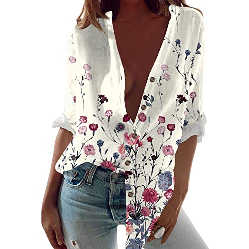 Top Damen Weiss Sexy Halbe Ärmel V Ausschnitt Retro Bluse Damen Damen Shirts Sommer Mit Blumen Kurze Jeansjacke Damen Lange Tops Sommer Locker Fitness Leicht Und Luftig Mit Knöpfen,Beige,XXL von LSAltd