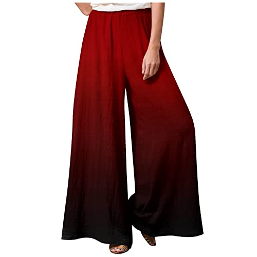 Wanderhose Damen Casual Sommerhose Mit Blumen Pumphose Hohe Taille Schlabberhose Casual Einfarbig Weite Stoffhose Baumwolle Leinen Palazzo Hosen Sommerh Sporthose Frauen,Wine,4XL von LSAltd