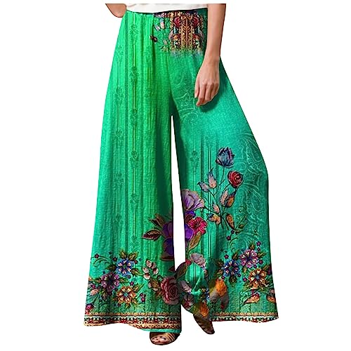 Wanderhose Damen Elegant Lang Yogahose Mit Blumen Leinenhose Hohe Taille Schlabberhose Casual Einfarbig Leinenhose Baumwolle Leinen Palazzo Hosen Große Größe Sporthose Frauen,Green,M von LSAltd
