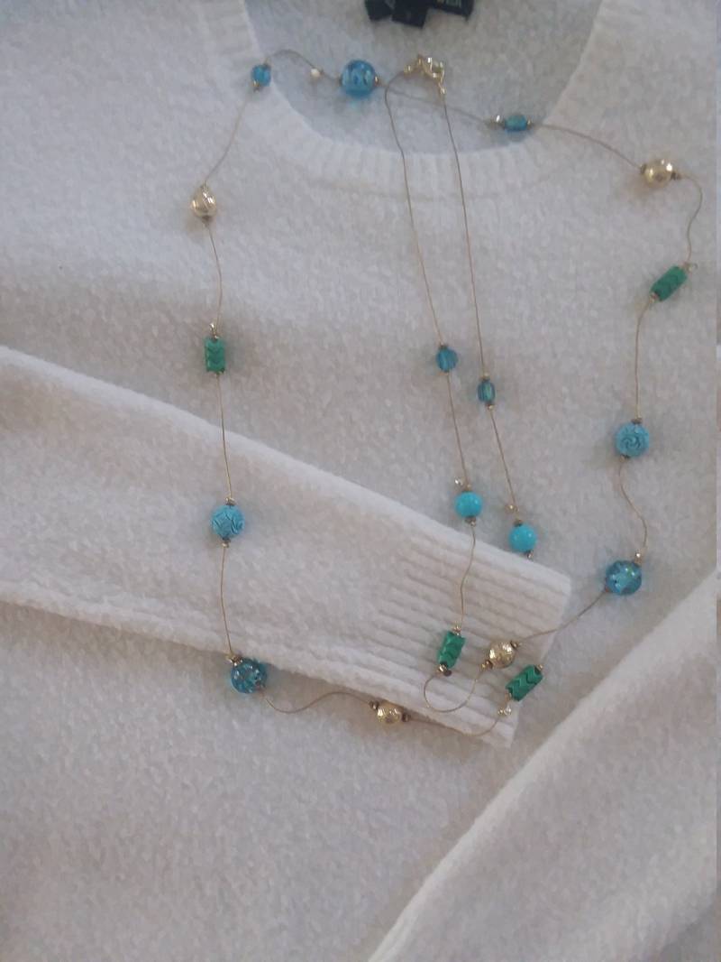 Vintage Lange String Perlen Gold Blau Und Grün Ton Multifunktionale Halskette Mit Kristallen, Einzigartiges Geschenk Für Sie von LSBazaar