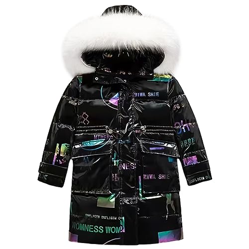 LSERVER Kinder Winterjacke Mädchen mit Fellkragen Kapuze Modischer Foliendruck No Wash Steppjacke Kinder Winddichter Warmer Wintermantel Winter Lange Dicke Oberbekleidung, Schwarz, 170-176 von LSERVER