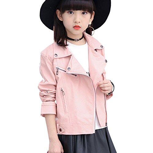 LSERVER Kinderkleidung Neue Jacke Mädchen PU Frühling und Herbst Lederjacke, Rosa, 122/128(Fabrikgröße: 130) von LSERVER