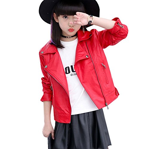 LSERVER Kinderkleidung Neue Jacke Mädchen PU Frühling und Herbst Lederjacke, Rot, 116(Fabrikgröße: 120) von LSERVER