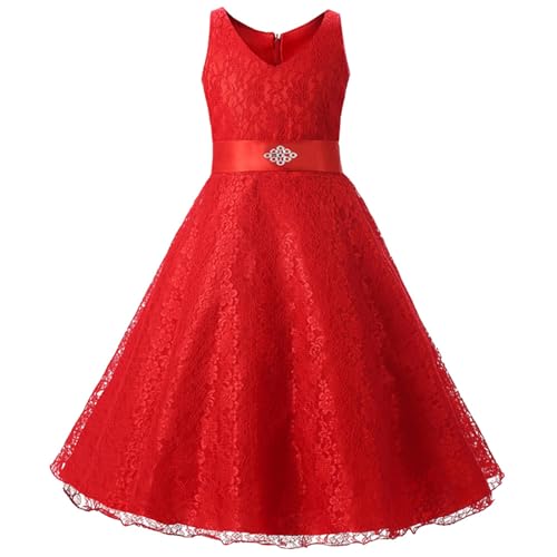 LSERVER Mädchen Kinder Kleid Brautjungfer Festlich Hochzeit Kleider Abendkleid Kommunionkleid, Rot 1, 9-10 Jahre von LSERVER