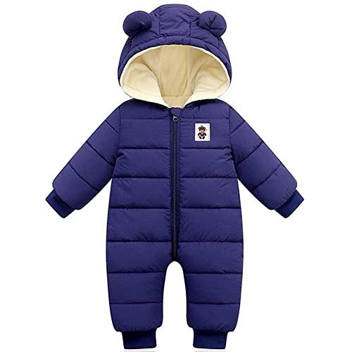 LSERVER Neugeborener Strampler Baby mit Kapuze Fleecever Dickter Jungen Schneeanzug Mädchen Warmer Daunen Overall Kinder Niedliche Winter Anzüge, Dunkelblau, 73 von LSERVER