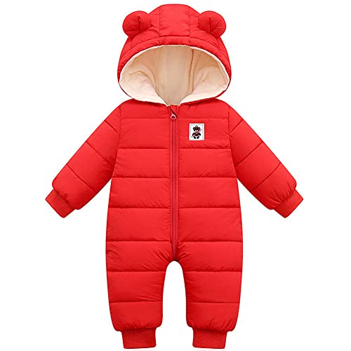 LSERVER Neugeborener Strampler Baby mit Kapuze Fleecever Dickter Jungen Schneeanzug Mädchen Warmer Daunen Overall Kinder Niedliche Winter Anzüge, Rot, 66 von LSERVER